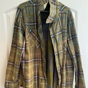 Free People Olive Plaid Studded Sleeve Shirt Jacket